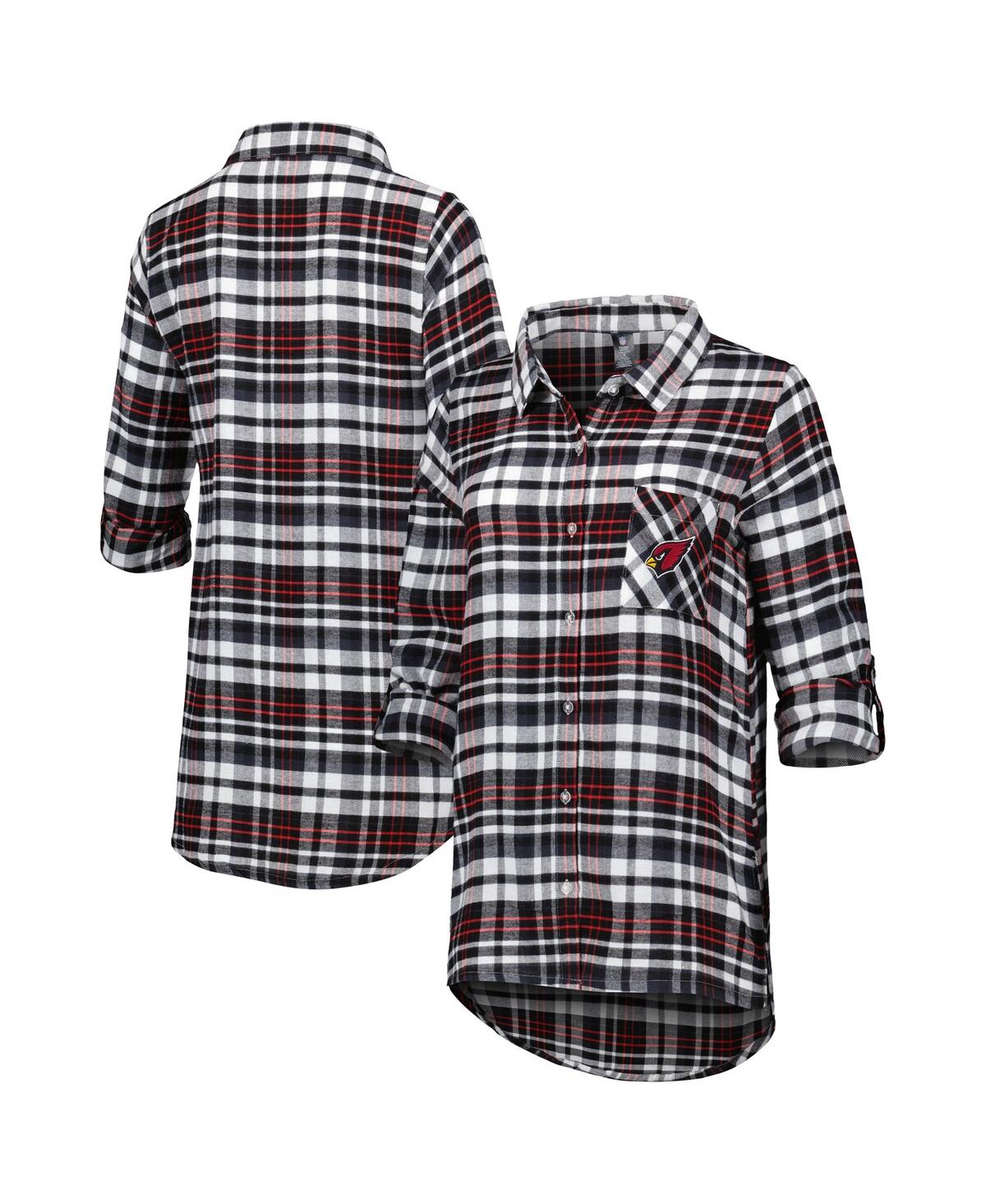 Concepts Sport Women's Black/cardinal Arizona Cardinals Mainstay Plaid Full-button Long Sleeve Nightshirt In Brown