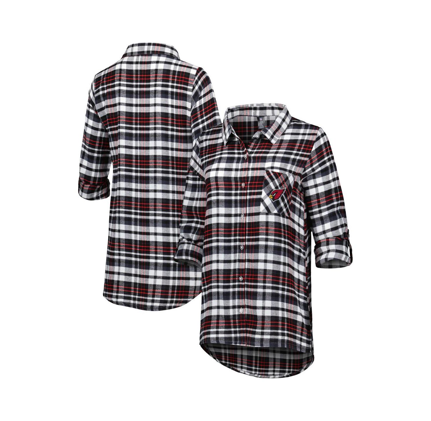 Women's Black/Cardinal Arizona Cardinals Mainstay Plaid Full-Button Long Sleeve Nightshirt