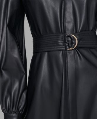 Women's Faux Leather Belted Shirt Dress