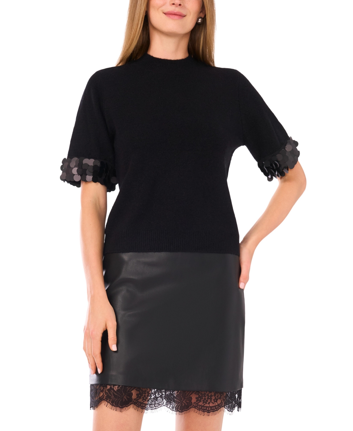 Vince Camuto Women's Mock Neck Short Sleeve Sweater In Black