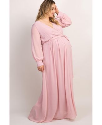 Plus Size Light Pink Chiffon Long Sleeve Pleated Maxi Dress