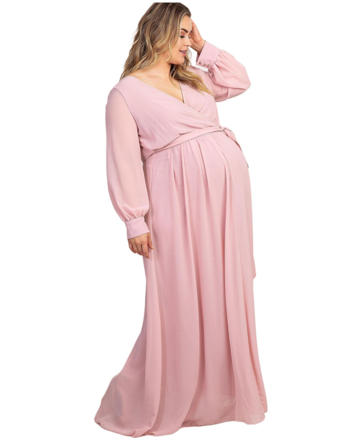 Women's Light Pink Chiffon Long Sleeve Pleated Maxi Dress