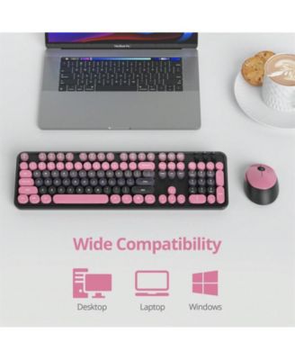 Wireless Keyboard And Mouse Set - Cute Keyboard And Mouse Combo, Full Size Keyboard With Number Pad & Round Keycaps For Windows PC Laptop - Pink