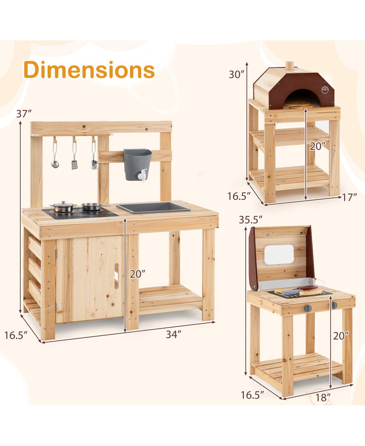 Детские игрушки SUGIFT 3-Piece Outdoor Kitchen Set Mud Kitchen with Separate BBQ Grill and Pizza Oven, цвет: Натуральный — фото 2