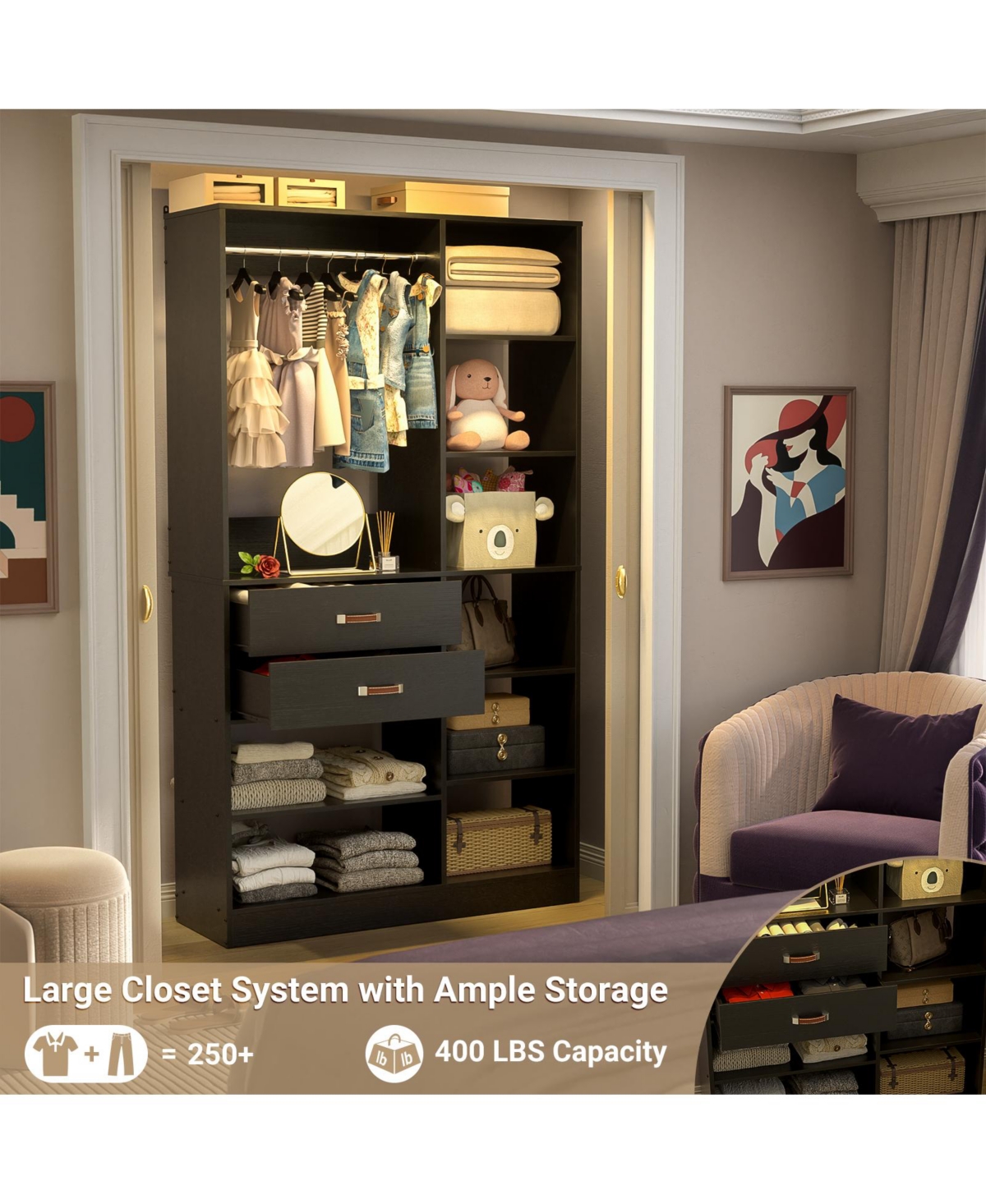 Aheaplus 8FT Walk Closet Organizer with 3 Shelving Towers, Heavy Duty Clothes Rack Drawers