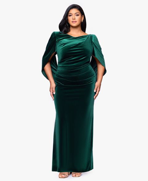 Женское платье B&A By Betsy and Adam Plus Size Velvet Boat Neck Long Drape Back Gown, цвет: Тёмно-зелёный