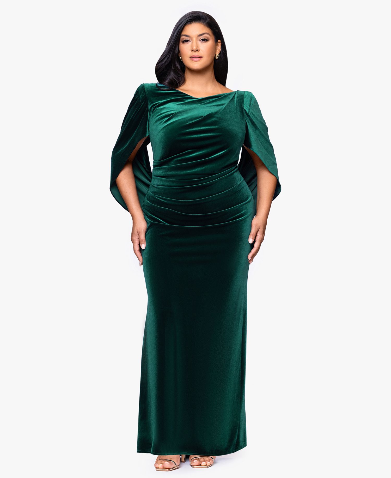 Plus Size Velvet Boat Neck Long Drape Back Gown