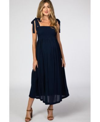 Maternity Navy Blue Smocked Tie Strap Midi Dress