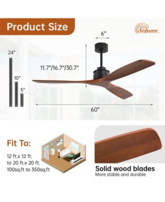 60-inch Modern 3-Blade Solid Wood Without Light With 6-Speed Remote Control and Forward Reverse Function Ceiling Fan