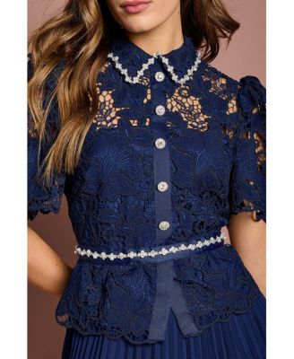 Women's Lace Top Pleat Skirt Jewel Button Dress
