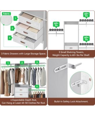 5FT Small Closet Organizer System with 3 Fabric Drawers, 60" Closet System with 3 Shelving Towers