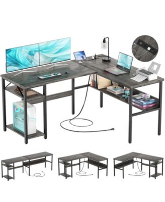 47.2'' MDF, Metal L-Shaped Desk with Power Outlet and Shelf, Reversible Desk