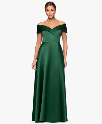 XSCAPE - Petite Long Satin Off-The-Shoulder A-Line Gown