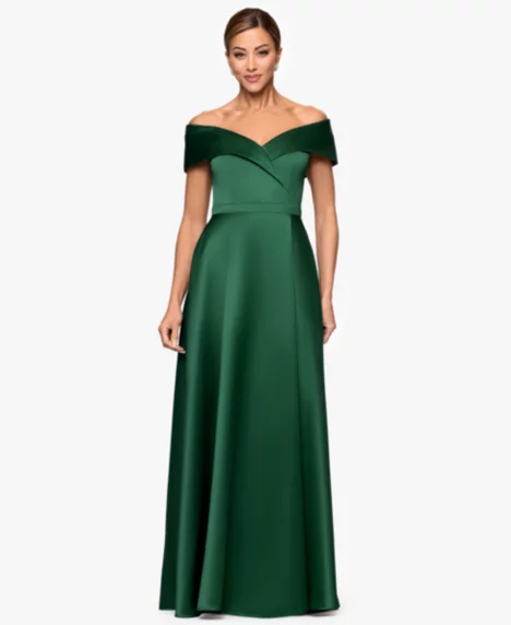 Petite Long Satin Off-The-Shoulder A-Line Gown - Emerald