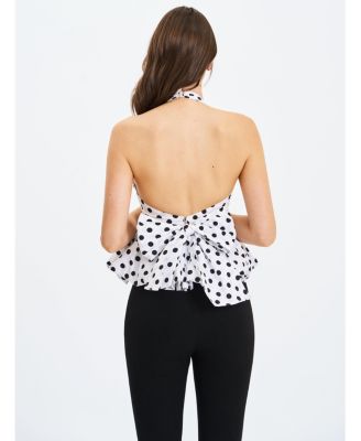 Women's Ilene White and Black Polka Dot Bubble Hem Halter Top