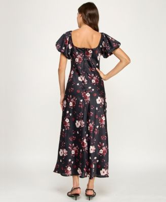 Juniors' Short Bubble Sleeves Midi Dress