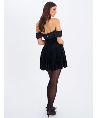 Women's Daisha Black Lace Trimmed Off-Shoulder Ruched Mini Dress