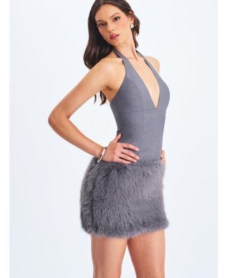 Women's Daisy Grey Drop Waist Fur Trim Halter Mini Dress