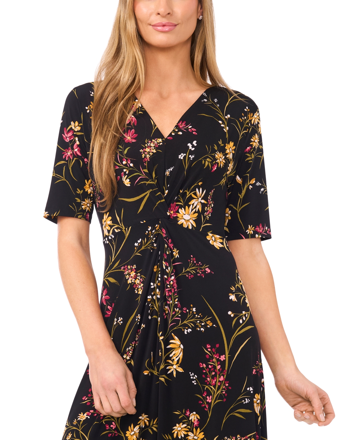 Msk Women's Twist Front Short Sleeve Midi Dress In Multi