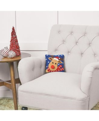 Reindeer w/ Santa Hat Hooked Christmas Mini Accent Pillow 8" x 8