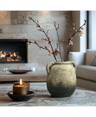 Old-World Brown with Green Bottom 9.8-Inch Tall Round Terracotta Vase with Handles