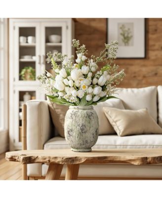 Antique Terracotta Vase, 10-Inch Tall Off-White Pot with Mossy Green Patina, Rustic Decor