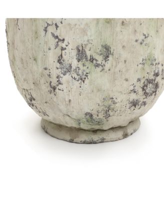 Antique Terracotta Vase, 10-Inch Tall Off-White Pot with Mossy Green Patina, Rustic Decor