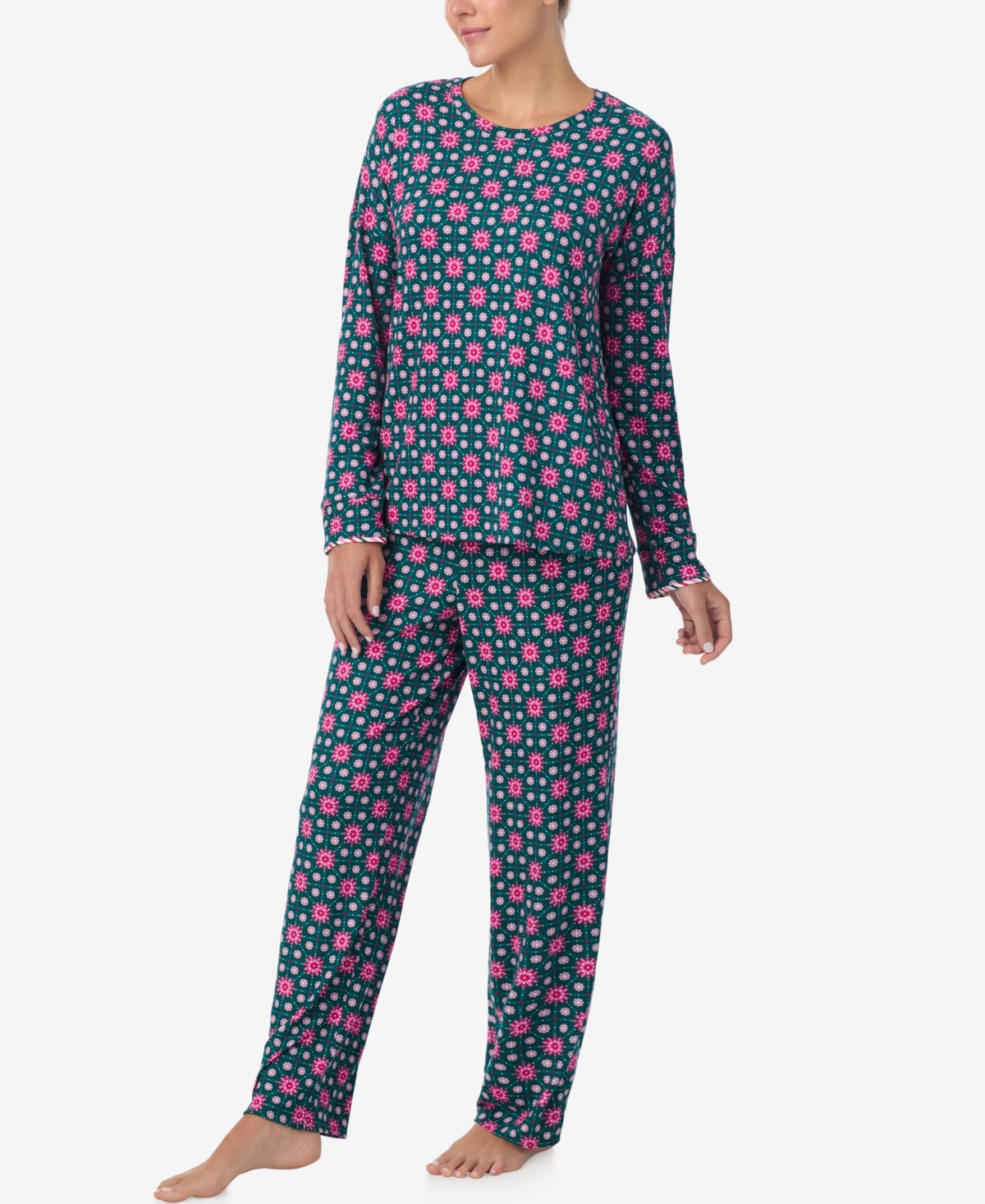 Ellen Tracy Women's Printed Round Neck Top And Pants Pajama Set In Green
