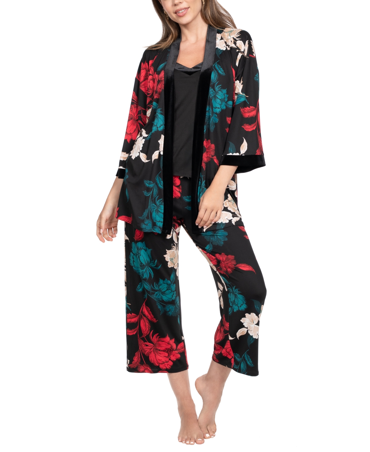 Linea Donatella Women's 3-piece Sharifa Floral Top, Pants And Robe Pajama Set In Black