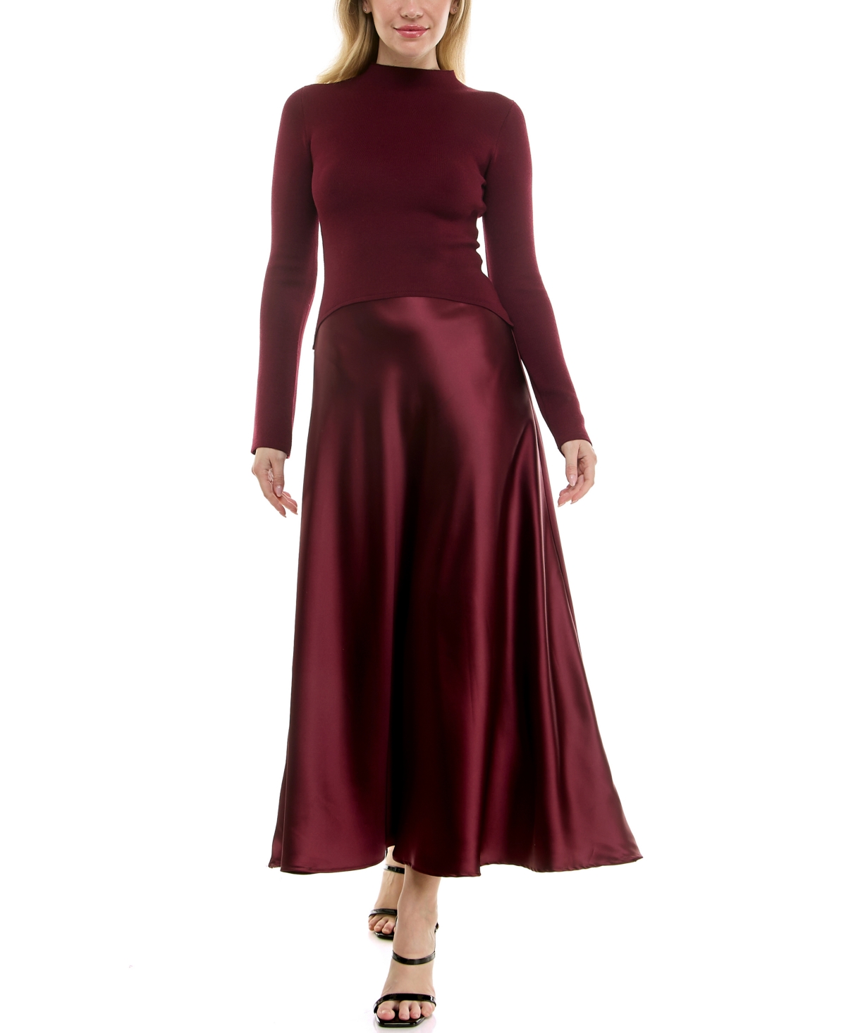 Taylor Women's Satin Twofer A-line Sweater Dress In Burgundy