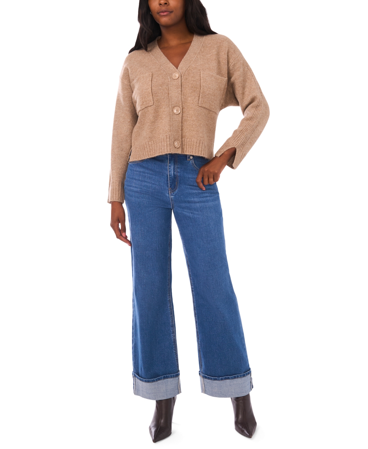 1.state Women's Cropped V-neck Oversized Cardigan In Brown