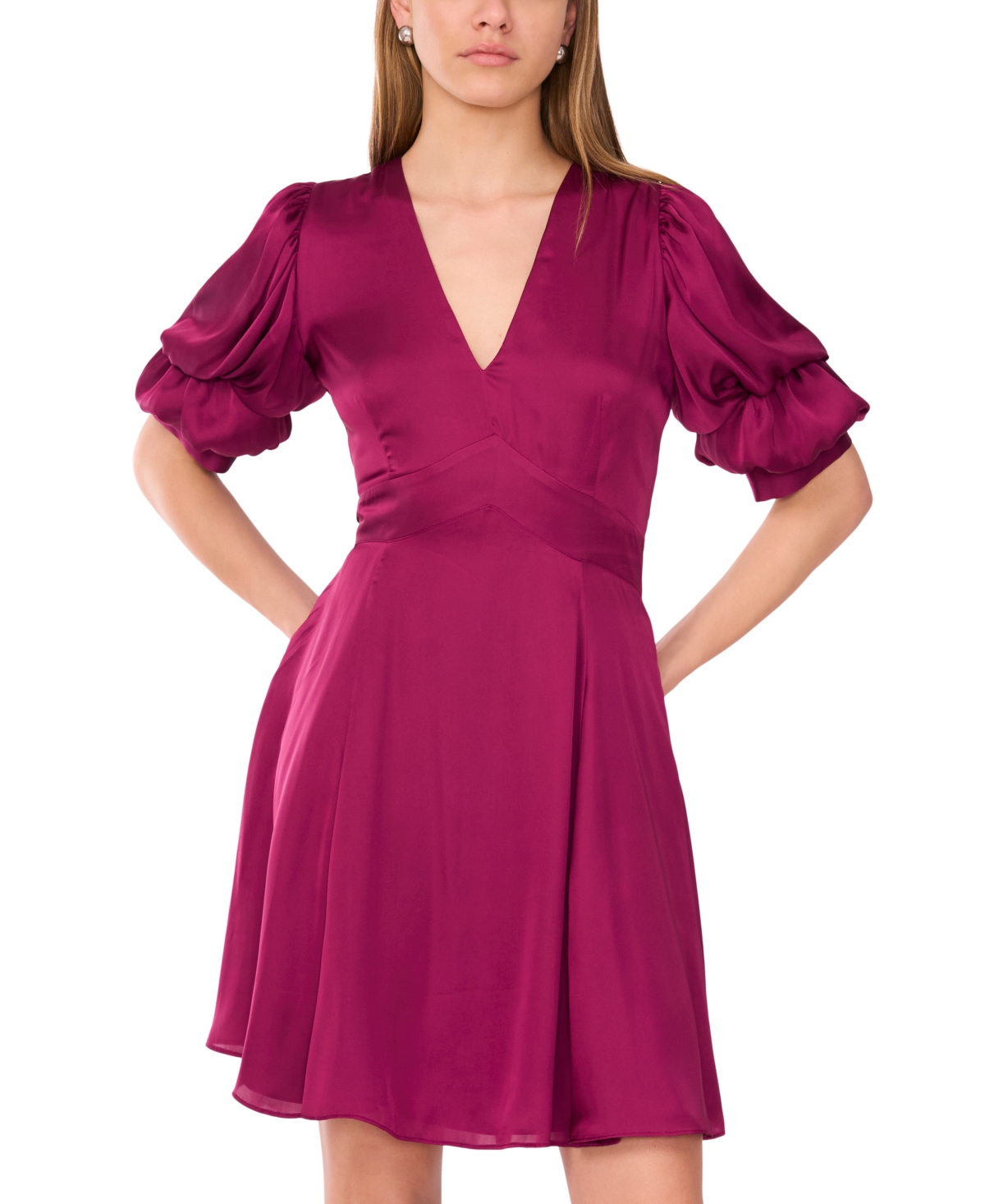 1.state Women's V-Neck Tiered Bubble Puff Sleeve Mini Dress