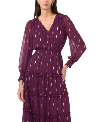 Women's Long Sleeve Smocked Waist Tiered Midi Dress