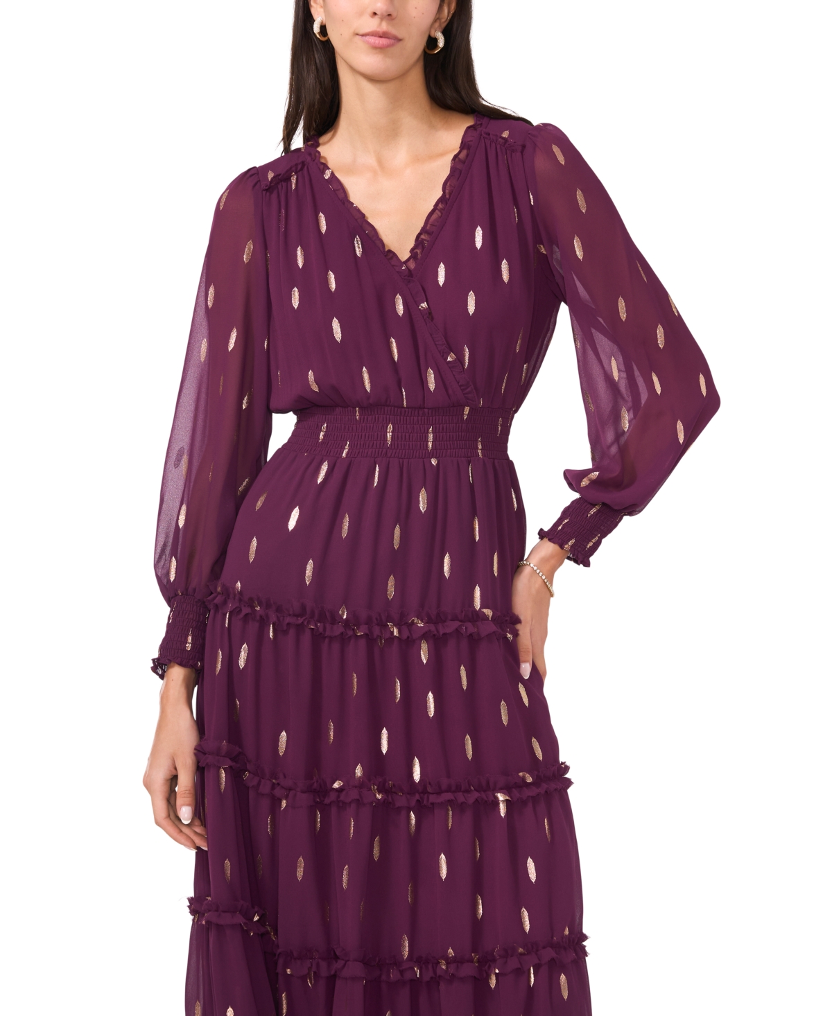 Msk Women's Long Sleeve Smocked Waist Tiered Midi Dress