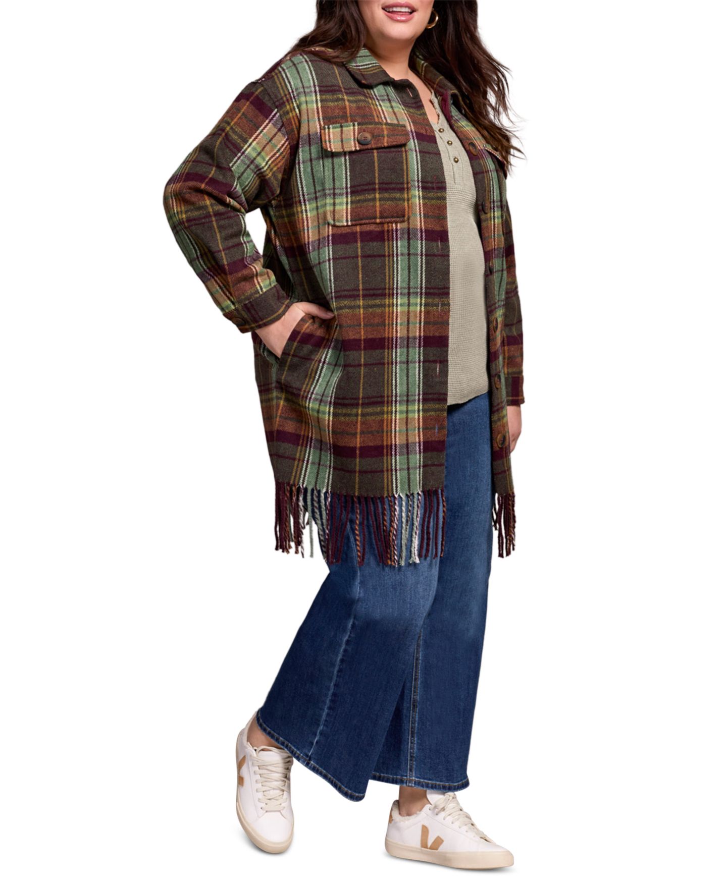 Женская куртка TRIBAL Plus Size Brushed Plaid Fringe-Hem Button-Front Shirt Jacket, цвет: Сливовый — фото 1