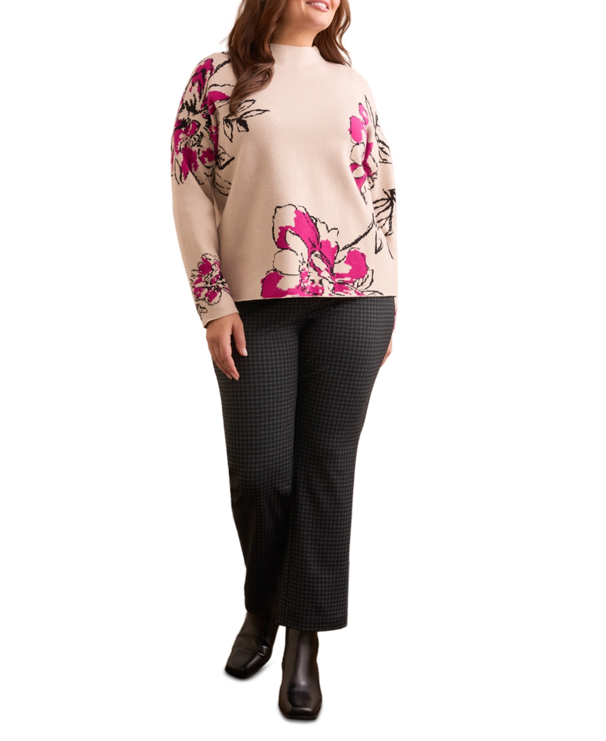 Tribal Plus Size Knit Jacquard Funnel Neck Sweater In Pink