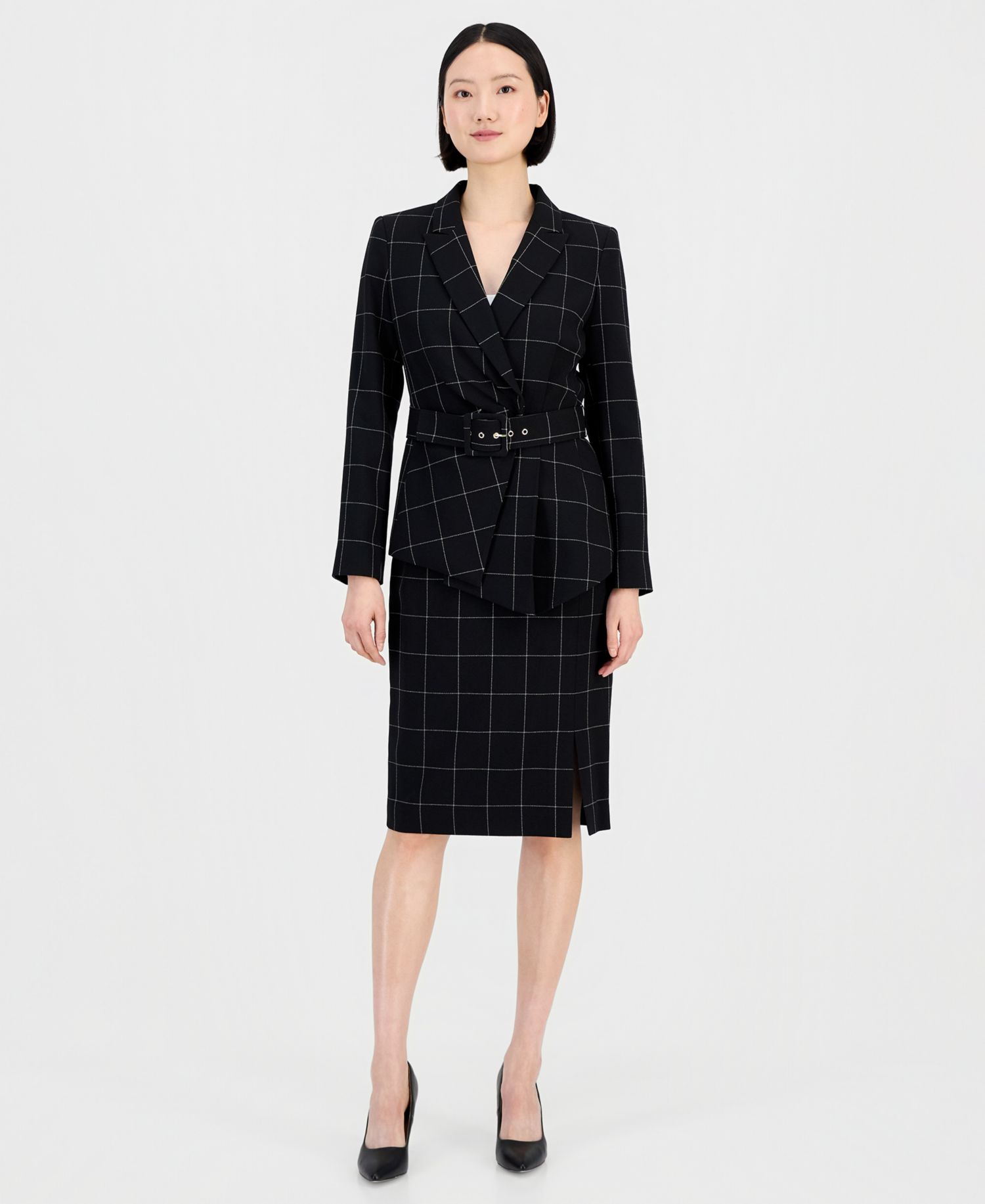 Women's Windowpane-Print Skirt Suit Set