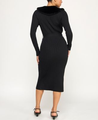 Juniors Removable Faux Fur Collar Midi Sweater Dress Cardigan