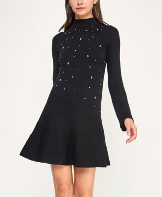 Juniors' Long Sleeve Asymmetric Skater Skirt Sweater Dress