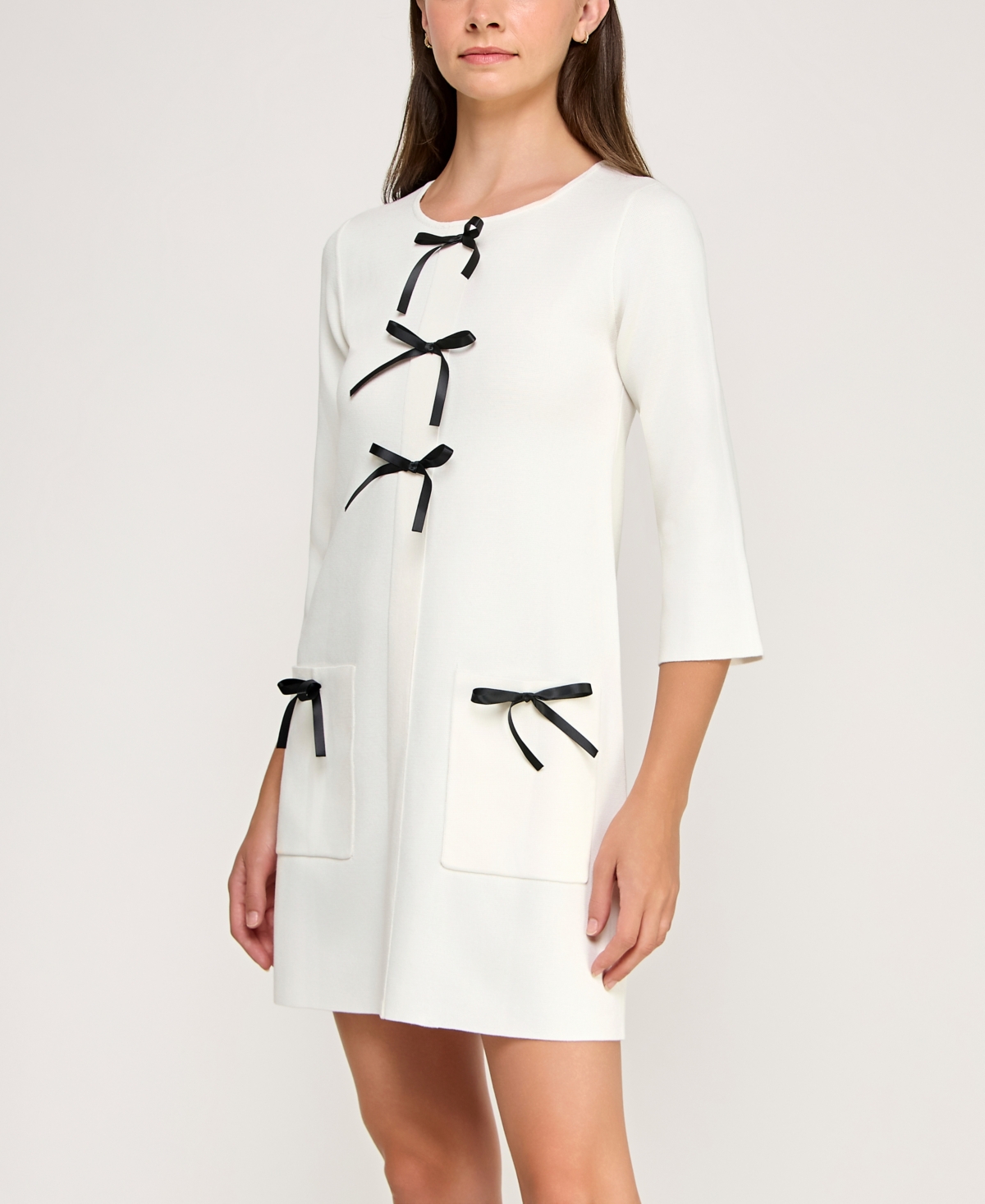 Invitee Juniors' Long Sleeve Ribbon Bows Sweater Dress In White