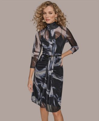 Donna Karan New York - Women's Printed 3/4-Sleeve Gathered Overlay Front Dress