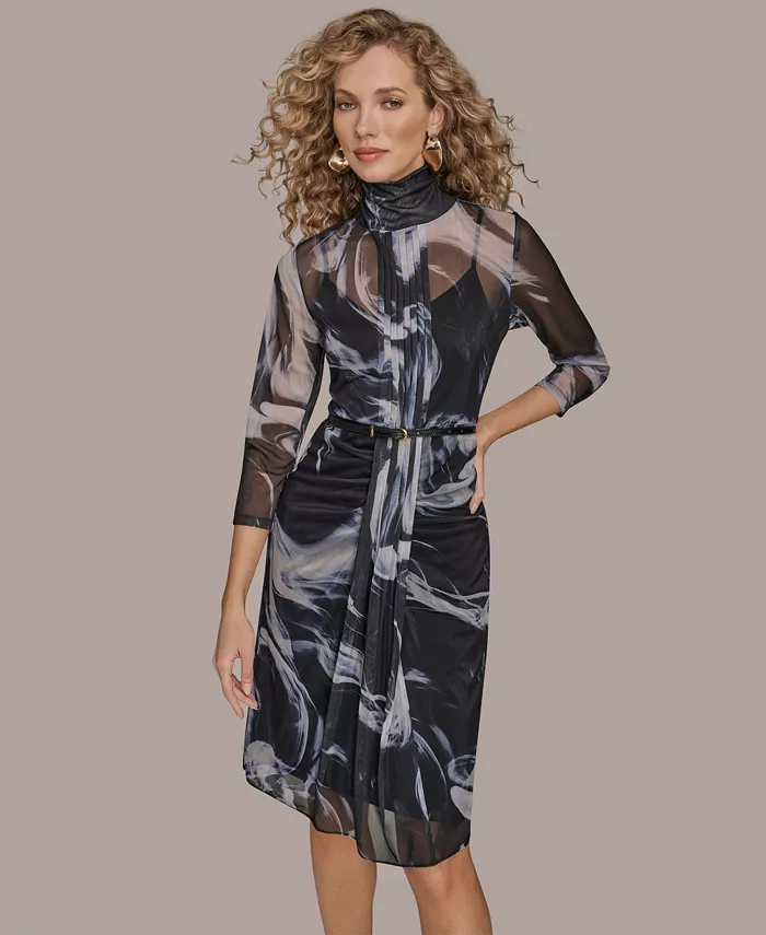 Women's Printed 3/4-Sleeve Gathered Overlay Front Dress
