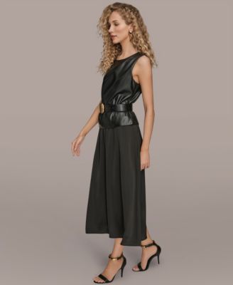 Women's Sleeveless Mixed Media Belted Midi Dress