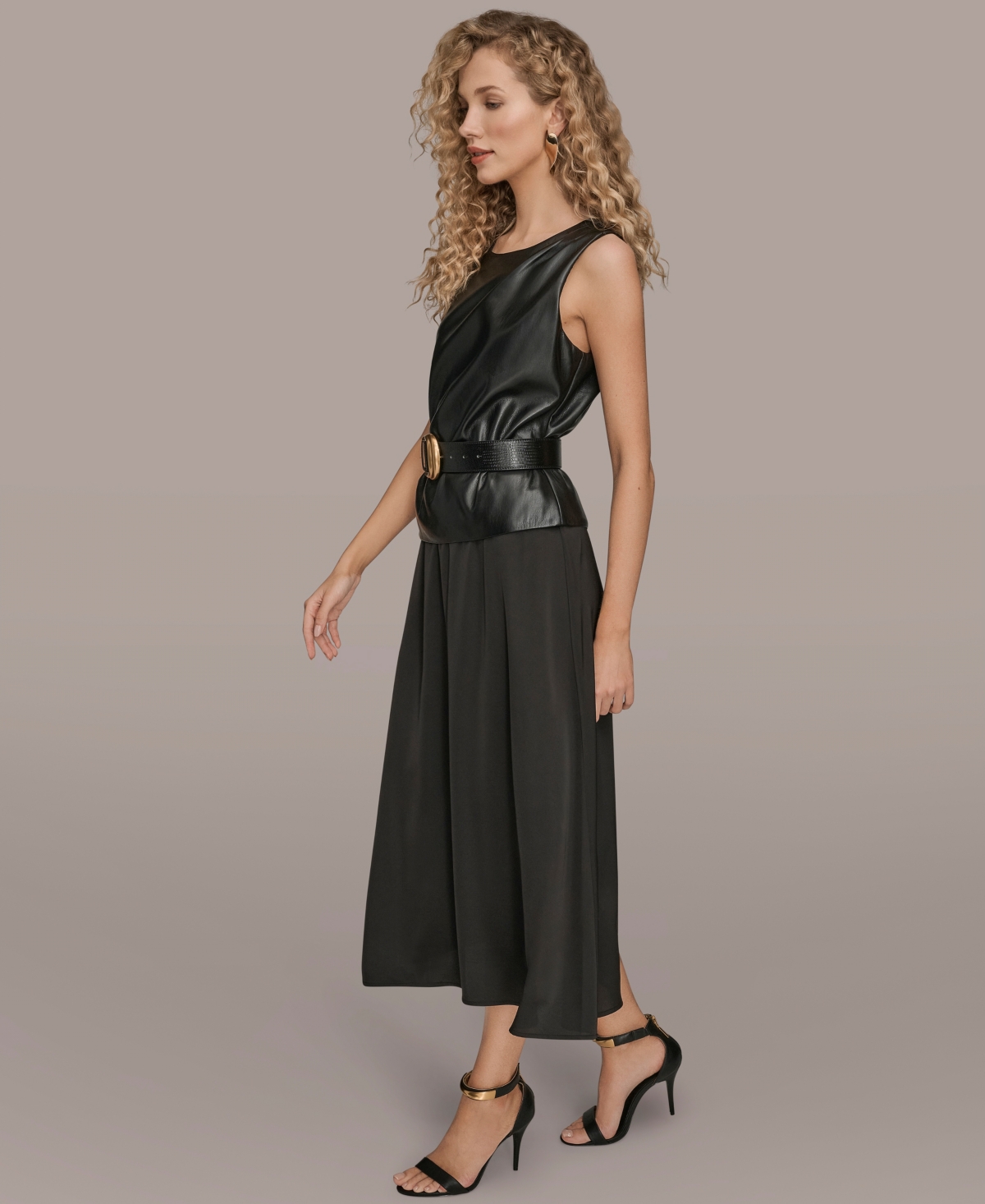 Donna Karan New York Women's Sleeveless Mixed Media Belted Midi Dress