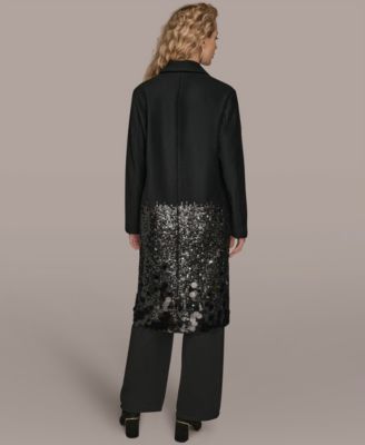 Donna Karan Womens Sequin Embellished Coat Satin Top Wide Leg Pants In Black