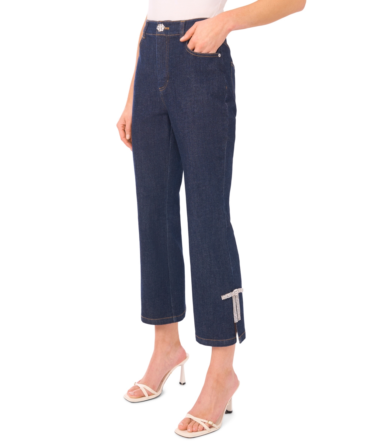 CeCe Women's Cropped Flare Bow Detail Mid Rise Jeans