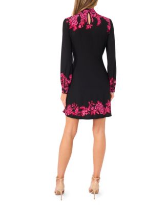 Women's Border Print Long Sleeve Mock Neck Mini Dress