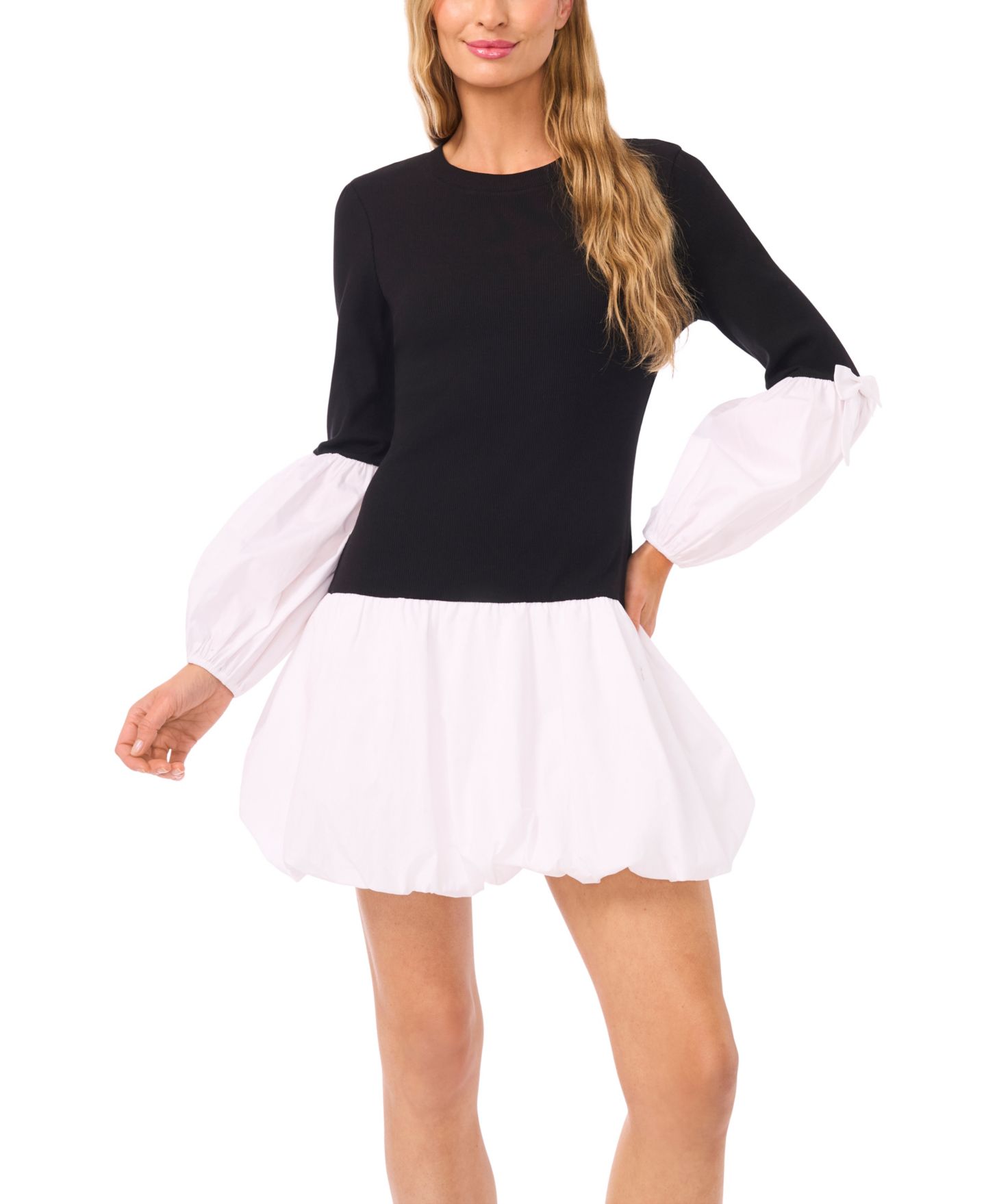 Женское платье CeCe Mix Media Rib Knit Balloon Long Sleeve Mini, цвет: Чёрный / Белый — фото 3