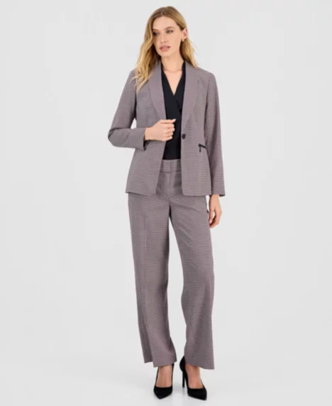 Women's Houndstooth One-Button Jacket & Houndstooth Wide-Leg Pants - None