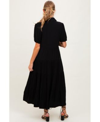 Maternity Black Collared Button Down Tiered Midi Dress